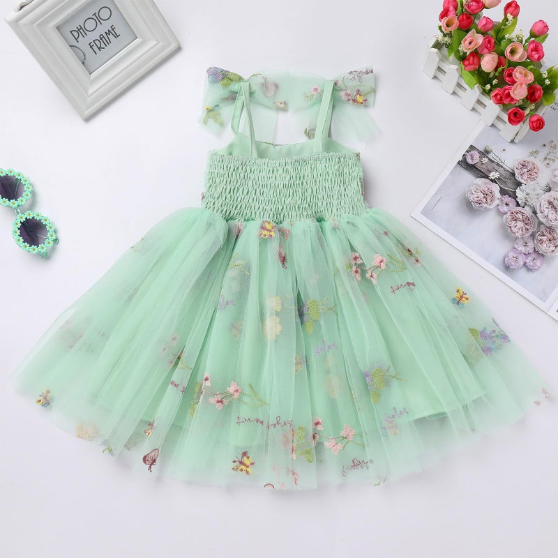 ODOLDI 1st Birthday Girl Dress Outfit Baby Floral Embroidery Tulle Dress Sleeveless Spaghetti Straps Princess Tutu Dress Toddler Cake Smash Photoshoot Dress Green Embroidery 6-12 Months - Image 5