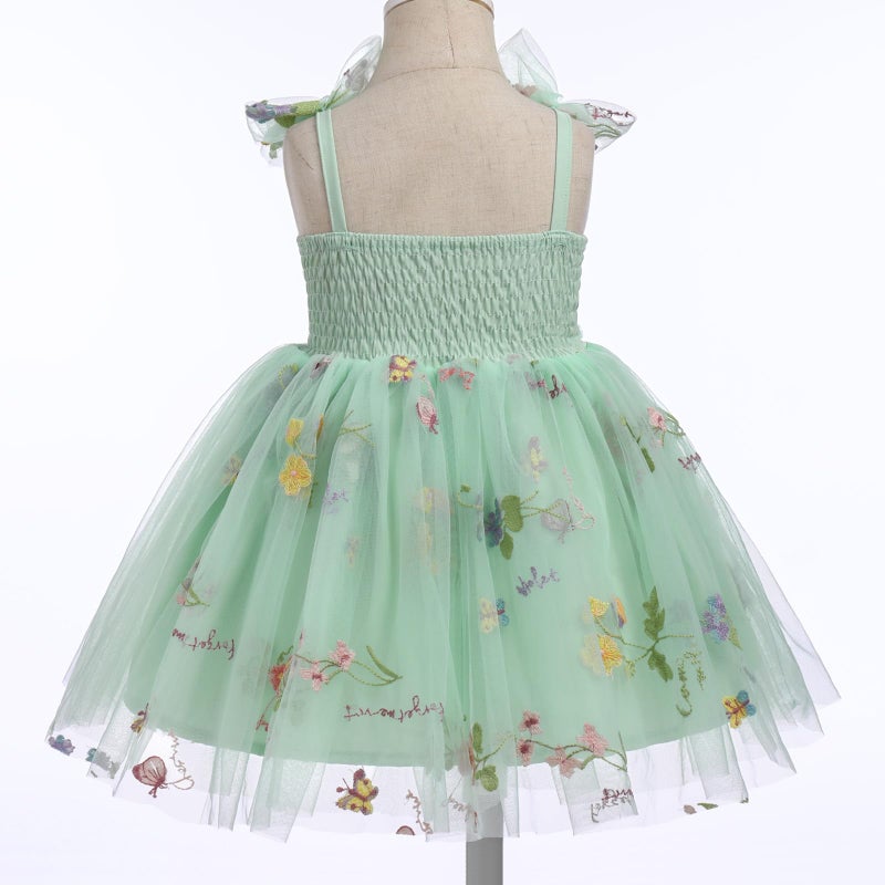 ODOLDI 1st Birthday Girl Dress Outfit Baby Floral Embroidery Tulle Dress Sleeveless Spaghetti Straps Princess Tutu Dress Toddler Cake Smash Photoshoot Dress Green Embroidery 6-12 Months - Image 4