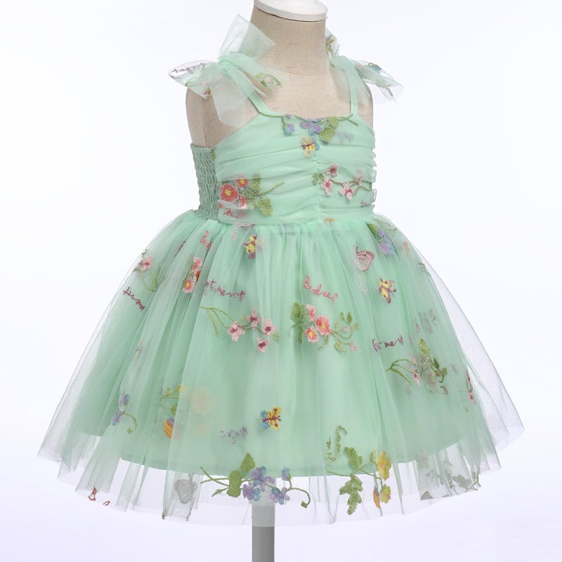 ODOLDI 1st Birthday Girl Dress Outfit Baby Floral Embroidery Tulle Dress Sleeveless Spaghetti Straps Princess Tutu Dress Toddler Cake Smash Photoshoot Dress Green Embroidery 6-12 Months - Image 3