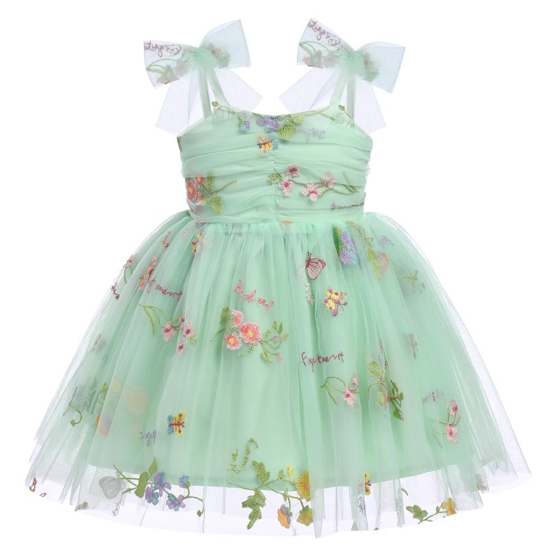 ODOLDI 1st Birthday Girl Dress Outfit Baby Floral Embroidery Tulle Dress Sleeveless Spaghetti Straps Princess Tutu Dress Toddler Cake Smash Photoshoot Dress Green Embroidery 6-12 Months - Image 1