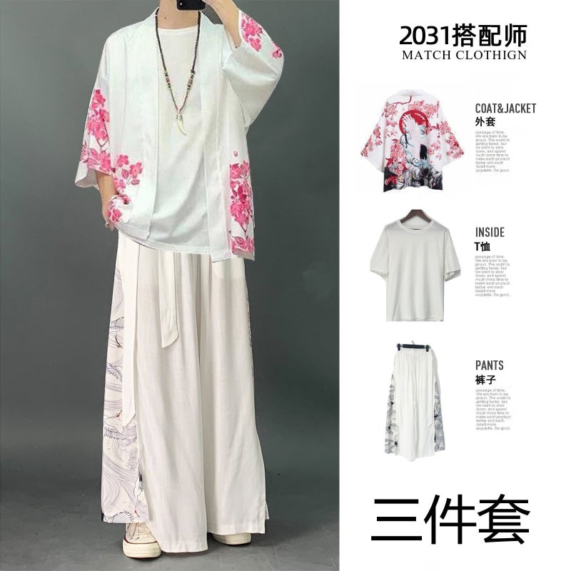Mens Chinese Style Robe Set Fashion Trendy Hanfu Summer Tang Suit Traditional Costume Plum White White T White Pants