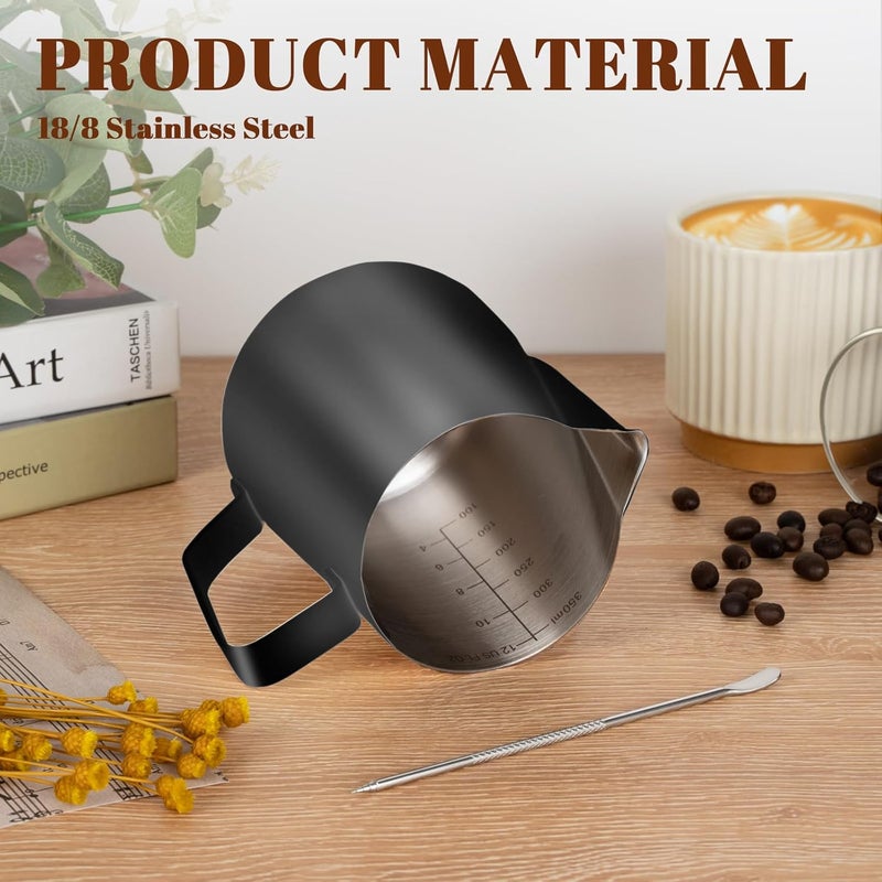 Amrules Milk Frothing Pitcher, 12oz Milk Frother Cup with Clear Scale, 304 Stainless Steel Cappuccino Espresso Machine Accessories for Barista Coffee Bar with Latte Art Pen, Black - Image 5