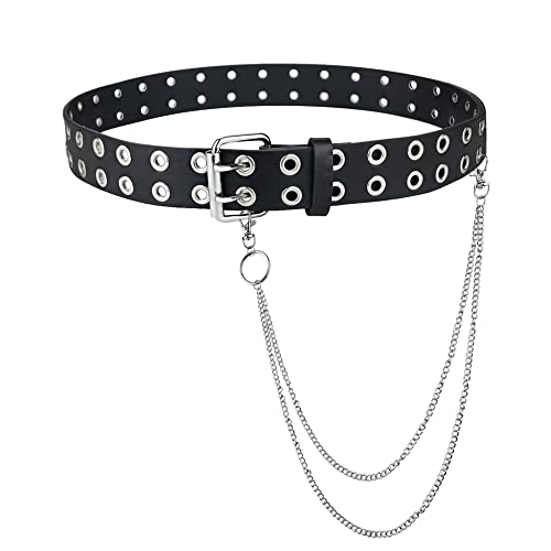 Macoking Womens Belts for Jeans, Studded Double Grommets Leather Black Belt Women Men-M with Chains - Image 2
