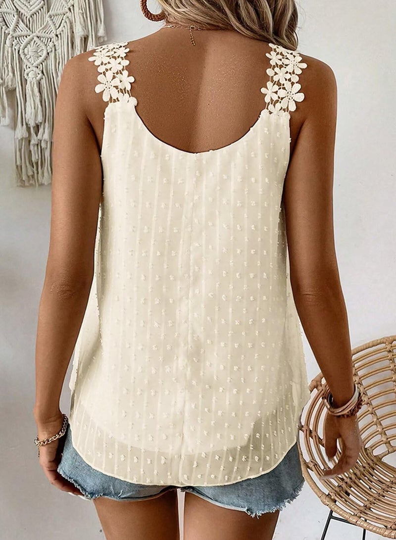 Falechay Sleeveless Shirts for Women Cute Blouse Bohemian Solid Square Neck Flowy Lace Summer Tunic Tops Sleeveless Girls Peplum Babydoll Dressy Casual Clothing Apricot L - Image 3