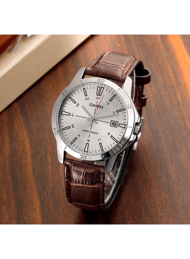 Casio MTP-V004L-7CUDF Men’s Analog Watch with Silver Dial, Brown Leather Strap, Date Display & Water Resistance - Image 2