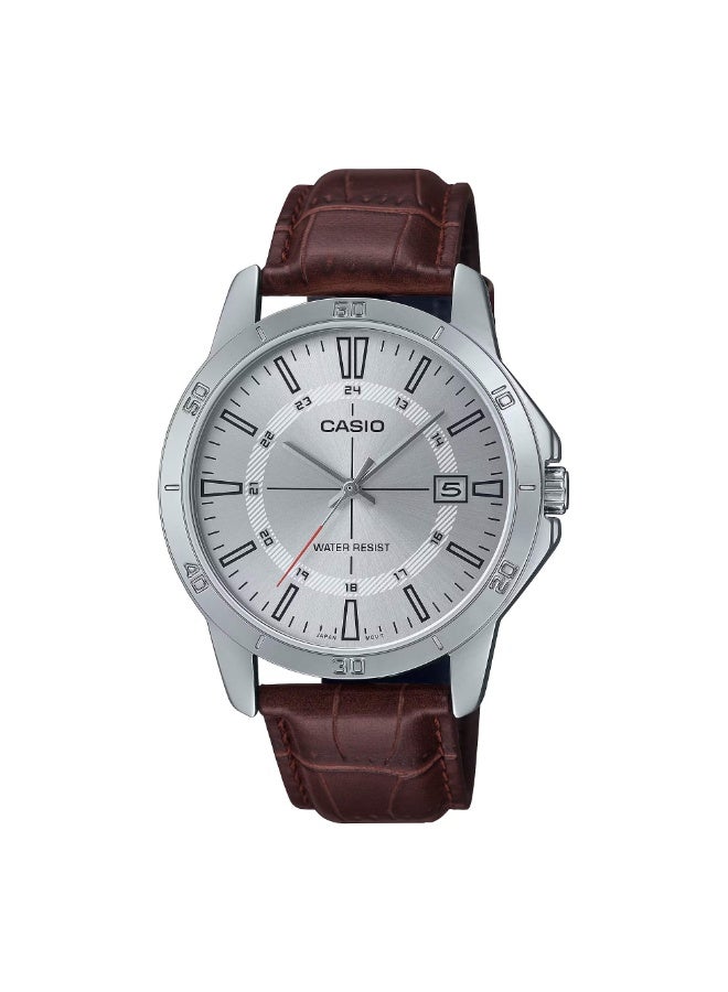 Casio MTP-V004L-7CUDF Men’s Analog Watch with Silver Dial, Brown Leather Strap, Date Display & Water Resistance - Image 1