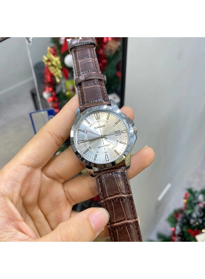 Casio MTP-V004L-7CUDF Men’s Analog Watch with Silver Dial, Brown Leather Strap, Date Display & Water Resistance - Image 3