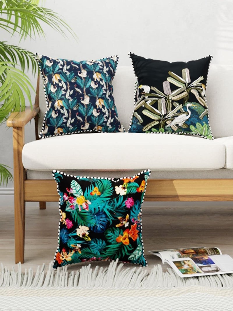 BIANCA Designer Reversible Printed Silk Linen Cushion Covers -3pc 16 X16 Set (Suzane) | Silk-Linen Luxury Cushion Cover | with Contrast Front & Back Digital Print - Hidden Zipper Floral-Black/Green - Image 1
