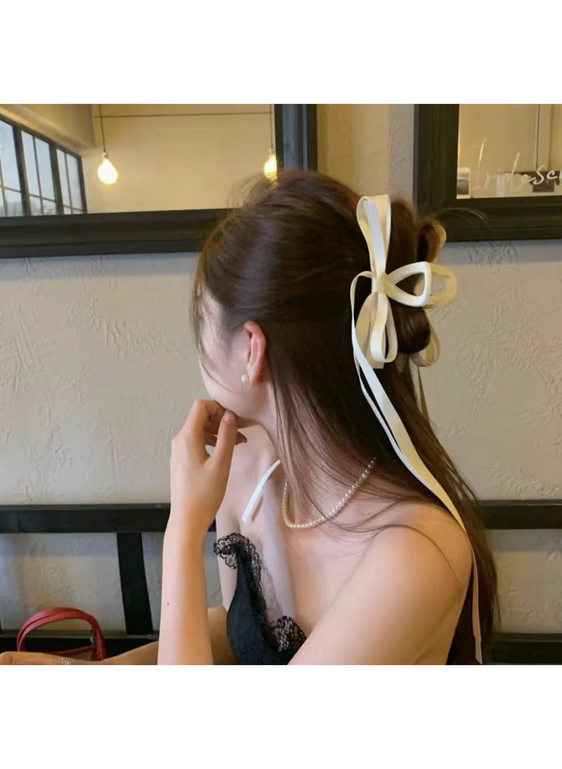 YangQian - Bow Claw Clip with Long Tail Bowknot Hair Clip with Long Tassel Ribbon Claw Clips for Thick Thin Hair Bows Clips for Women Girls White Bow Knot Hair Accessories for Women Girls - Image 1