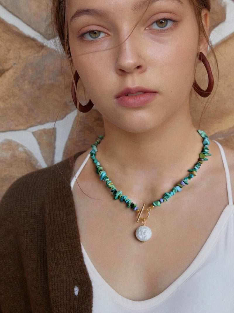 POTESSA Chunky Turquoise Necklace with Baroque Pearl Pendant, Stylish Turquoise Statement Necklace for Women, Summer Jewelry - Image 5