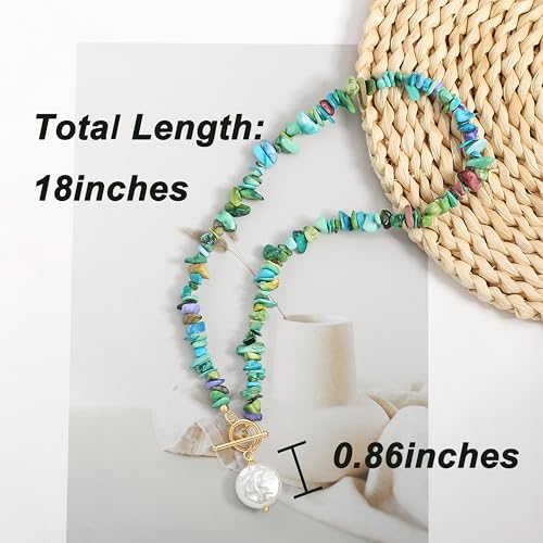 POTESSA Chunky Turquoise Necklace with Baroque Pearl Pendant, Stylish Turquoise Statement Necklace for Women, Summer Jewelry - Image 4
