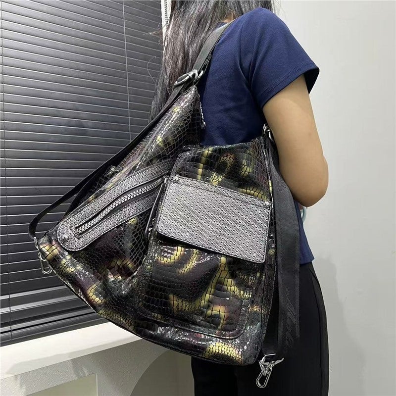 Women'S Fashion Personality Snake Print Single Shoulder Bag With Multiple Pockets Patchwork Street Style Crossbody Bag - Image 4