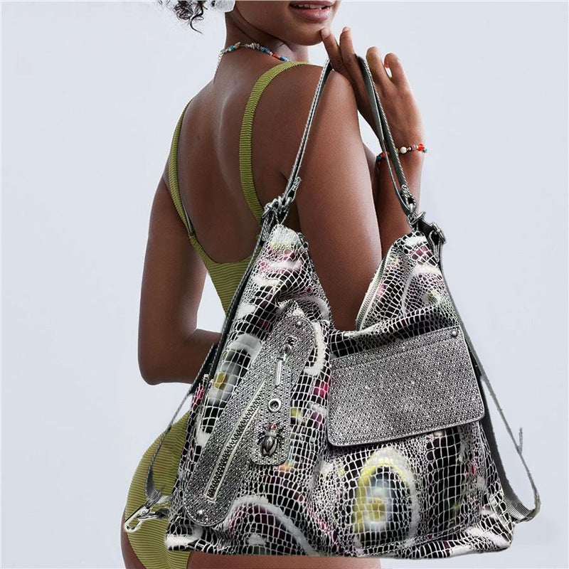 Women'S Fashion Personality Snake Print Single Shoulder Bag With Multiple Pockets Patchwork Street Style Crossbody Bag - Image 3