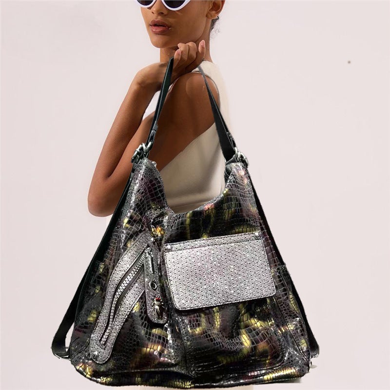 Women'S Fashion Personality Snake Print Single Shoulder Bag With Multiple Pockets Patchwork Street Style Crossbody Bag - Image 2