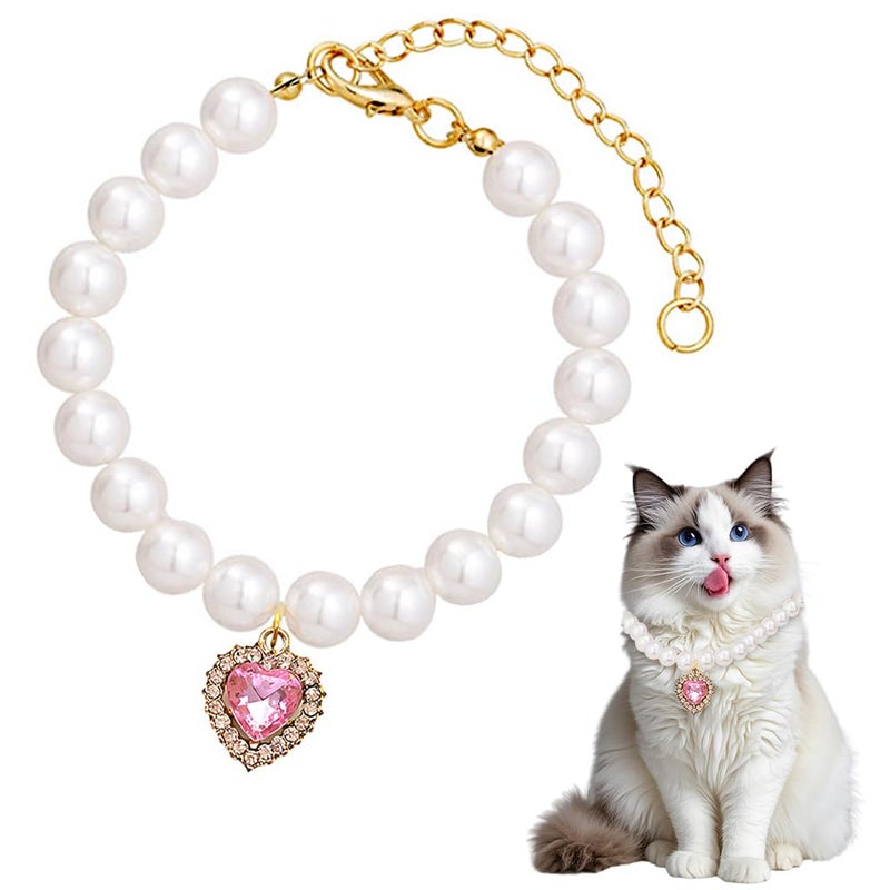 Qpets® طوق قطط مجوهرات ®، طوق حيوانات أليفة مع قلادة قلب من الكريستال الوردي، لؤلؤ، طوق قط قابل للتعديل هدية عيد الحب، قلادة جرو، دعامة تصوير (م، 30-35 سم) - Image 1