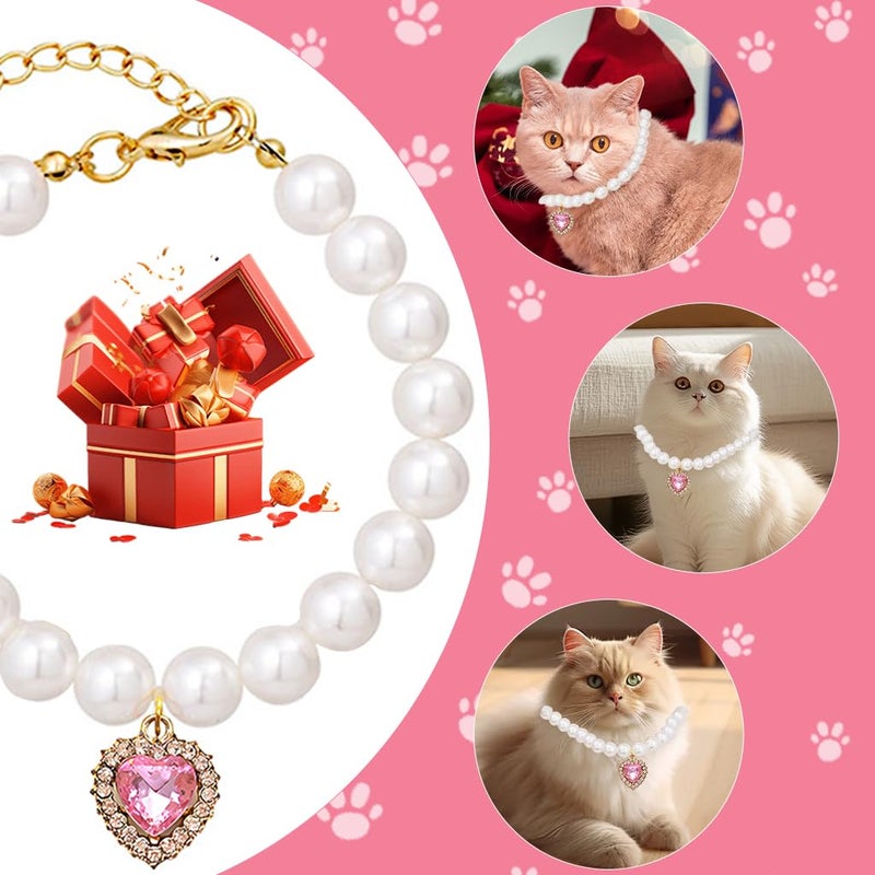 Qpets® طوق قطط مجوهرات ®، طوق حيوانات أليفة مع قلادة قلب من الكريستال الوردي، لؤلؤ، طوق قط قابل للتعديل هدية عيد الحب، قلادة جرو، دعامة تصوير (م، 30-35 سم) - Image 5