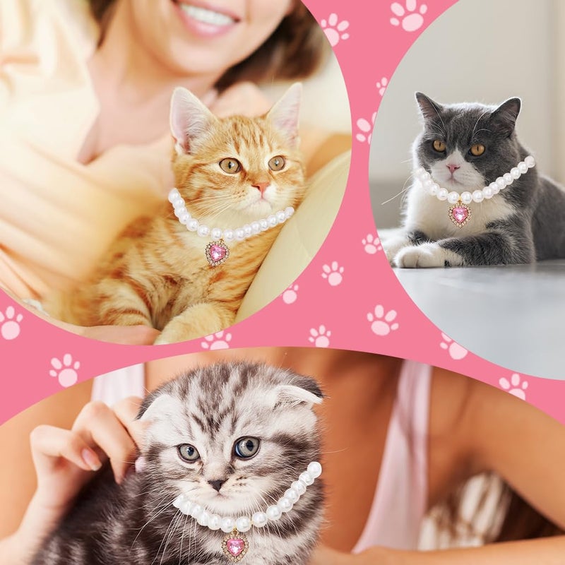 Qpets® طوق قطط مجوهرات ®، طوق حيوانات أليفة مع قلادة قلب من الكريستال الوردي، لؤلؤ، طوق قط قابل للتعديل هدية عيد الحب، قلادة جرو، دعامة تصوير (م، 30-35 سم) - Image 4