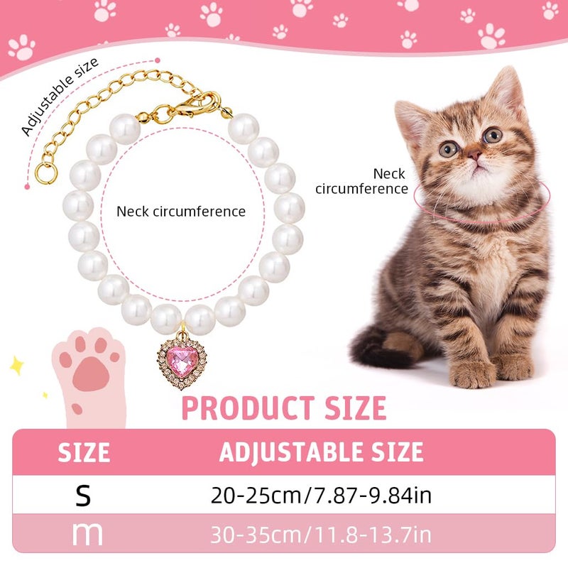 Qpets® طوق قطط مجوهرات ®، طوق حيوانات أليفة مع قلادة قلب من الكريستال الوردي، لؤلؤ، طوق قط قابل للتعديل هدية عيد الحب، قلادة جرو، دعامة تصوير (م، 30-35 سم) - Image 2