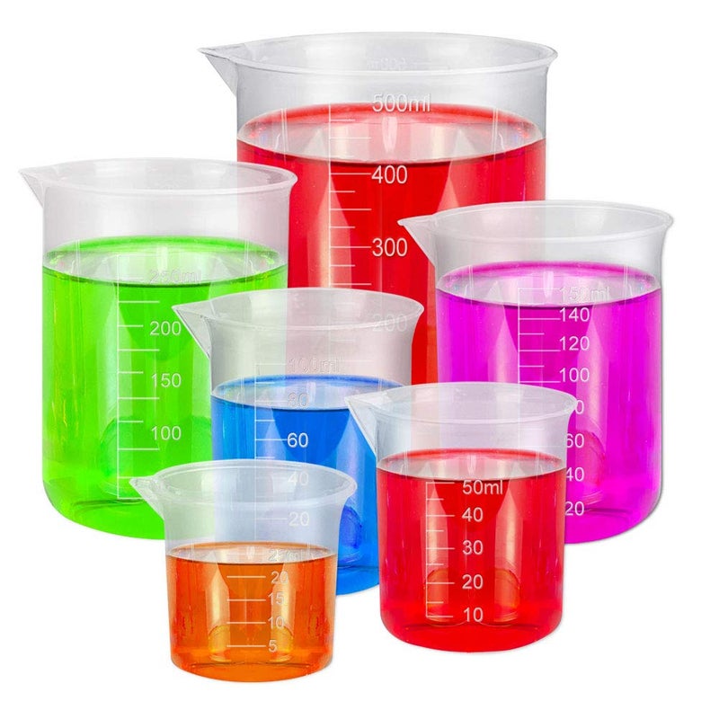 BUZIFU 6 Pack Measuring Jugs 25ml 50ml 100 ml 150ml 300ml 500ml Heat Resistant Measuring Cups Labs Graduated Beakers FoodSafe Plastic Jug Beakers Mixing Cups Liquid Baking Cooking Measure Tool