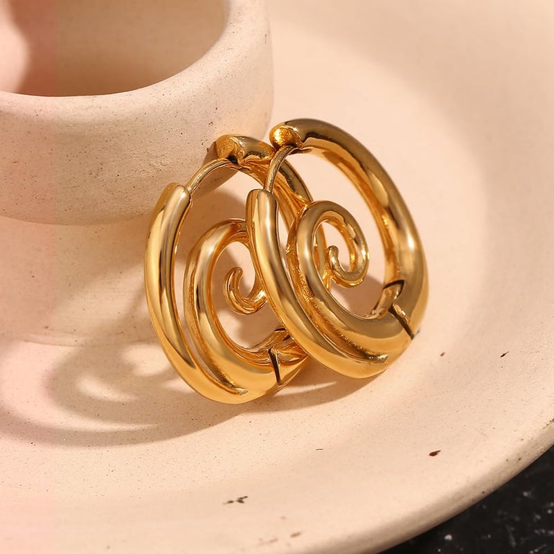 Izpack Sea Wave Spiral Hoop Earrings for Women Stainless Steel 18K Gold Plated Swirl Chunky Round Huggie Hoops Earring Fashion Birthday Jewelry Gifts Holiday (Gold) - Image 4