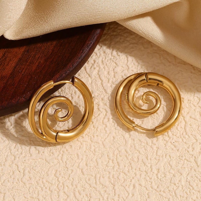 Izpack Sea Wave Spiral Hoop Earrings for Women Stainless Steel 18K Gold Plated Swirl Chunky Round Huggie Hoops Earring Fashion Birthday Jewelry Gifts Holiday (Gold) - Image 5
