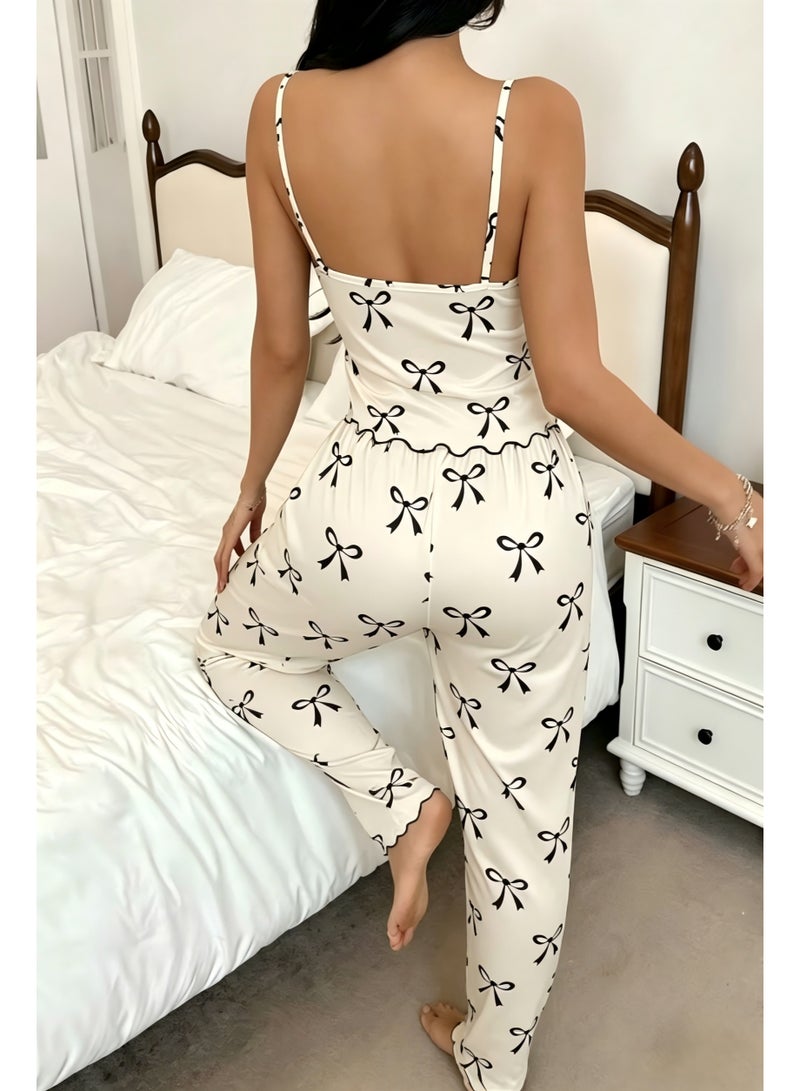 Soft Women's Casual Pajamas, Black Bowknot All-Over Print Spring/Summer Camisole Top and Long Pants 2pcs Set--M - Image 2