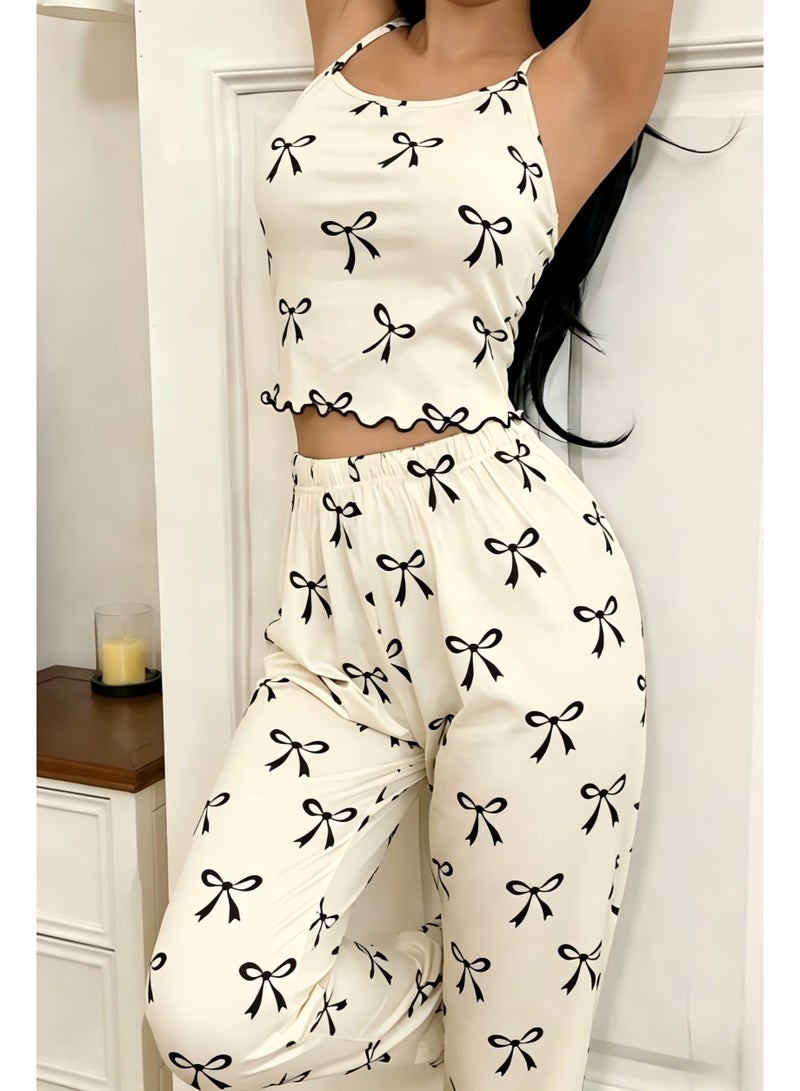 Soft Women's Casual Pajamas, Black Bowknot All-Over Print Spring/Summer Camisole Top and Long Pants 2pcs Set--M - Image 4