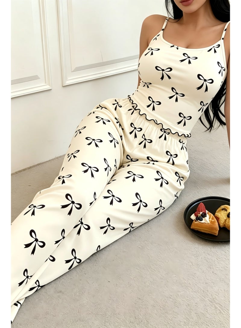 Soft Women's Casual Pajamas, Black Bowknot All-Over Print Spring/Summer Camisole Top and Long Pants 2pcs Set--M - Image 5