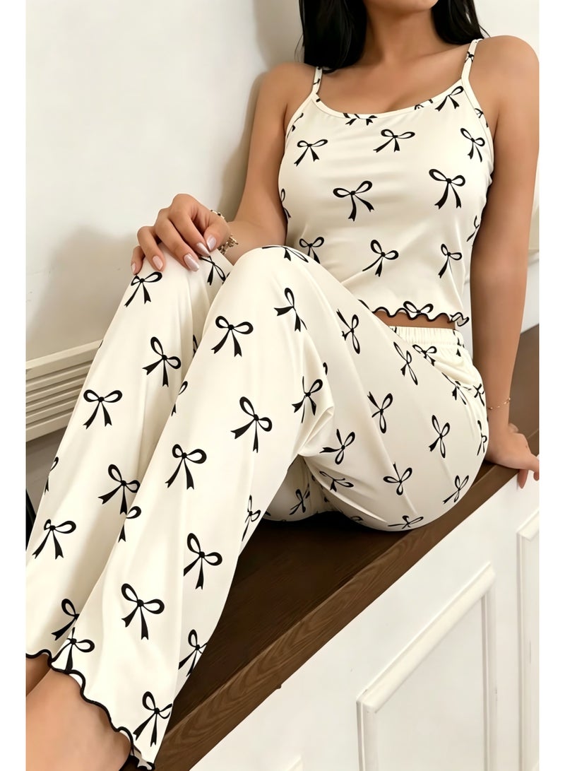 Soft Women's Casual Pajamas, Black Bowknot All-Over Print Spring/Summer Camisole Top and Long Pants 2pcs Set--M - Image 1