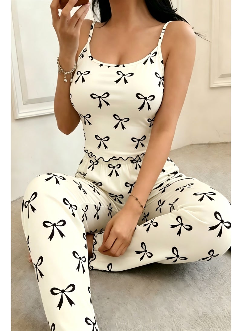 Soft Women's Casual Pajamas, Black Bowknot All-Over Print Spring/Summer Camisole Top and Long Pants 2pcs Set--M - Image 3