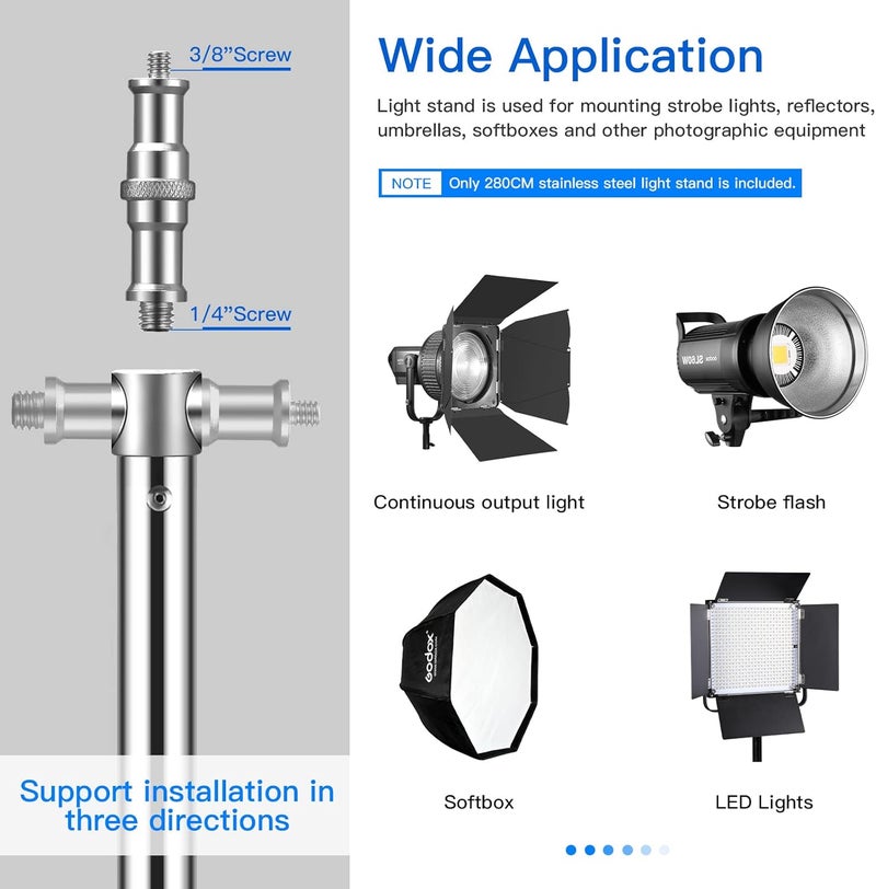 SUPON Stainless Steel Light Stand 110" /2.8m, Spring Cushioned Heavy Duty Tripod Stand with 1/4-inch to 3/8-inch Universal Adapter for Studio Monolight Softbox Reflector Photography Portrait Video - Image 2