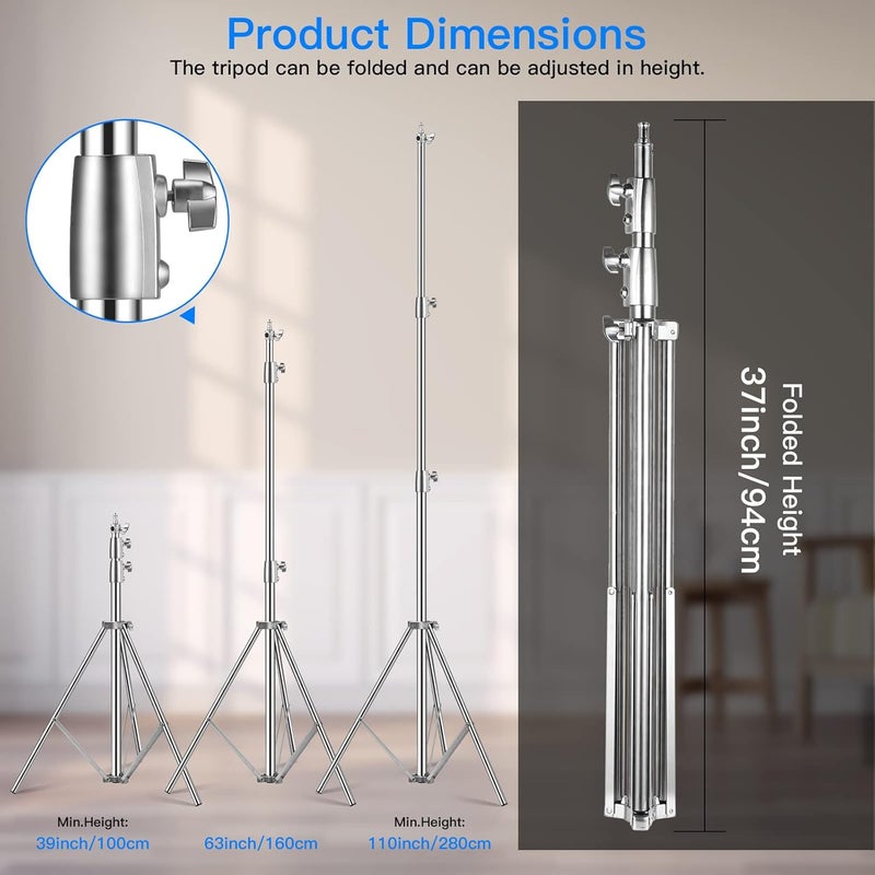 SUPON Stainless Steel Light Stand 110" /2.8m, Spring Cushioned Heavy Duty Tripod Stand with 1/4-inch to 3/8-inch Universal Adapter for Studio Monolight Softbox Reflector Photography Portrait Video - Image 4