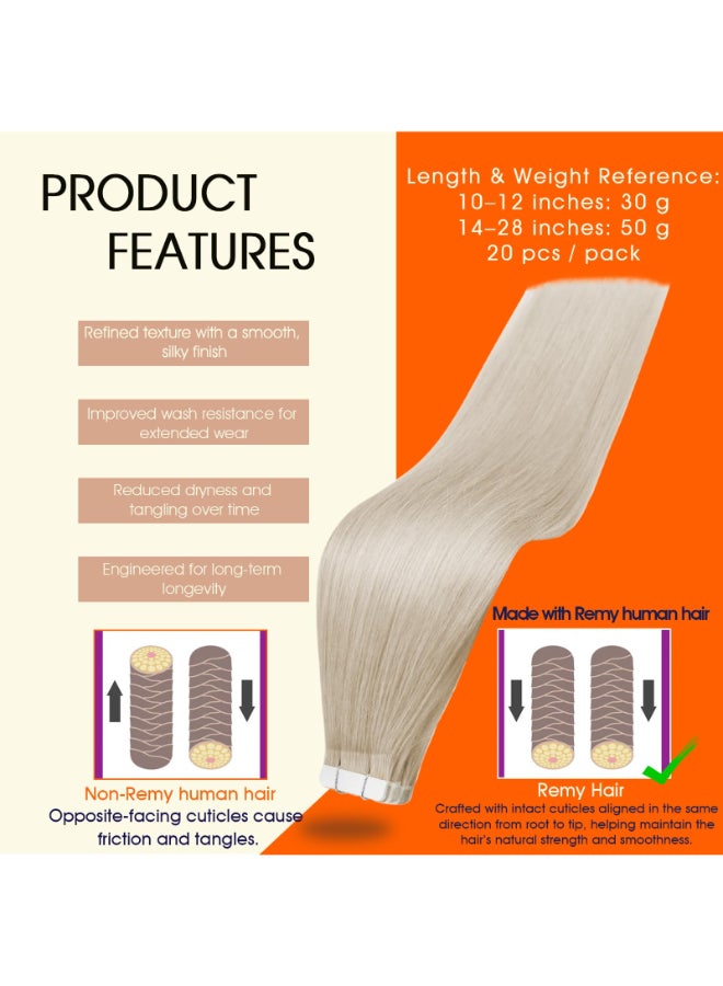 Full Shine Blonde Tape in Hair Extensions Color 60 Blonde Remy Human Hair Extensions Tape in 28 Inch Double Sided Seamless Skin Weft 20 Pcs 50 Gram Invisible Adhesive Real Human Hair Soft - Image 4