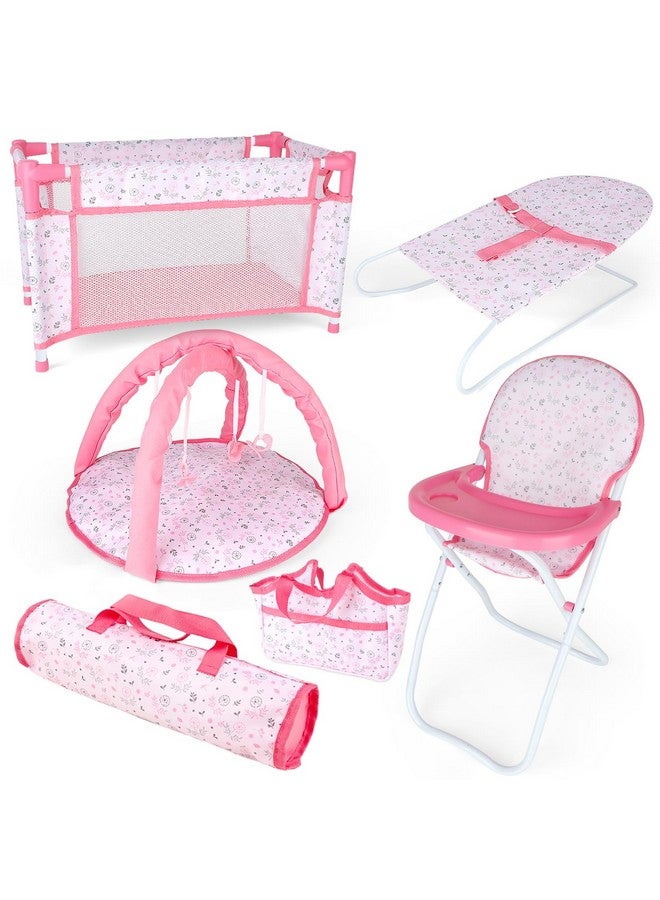 deAO Baby Doll Accessories Baby Doll Playset Doll High Chair Baby Doll Crib Bed Play Mat Storage Bag Handbag Wing - 6 in 1 Pink Dolls Playset with Furniture Toys for 12-14’’ Dolls - Image 1