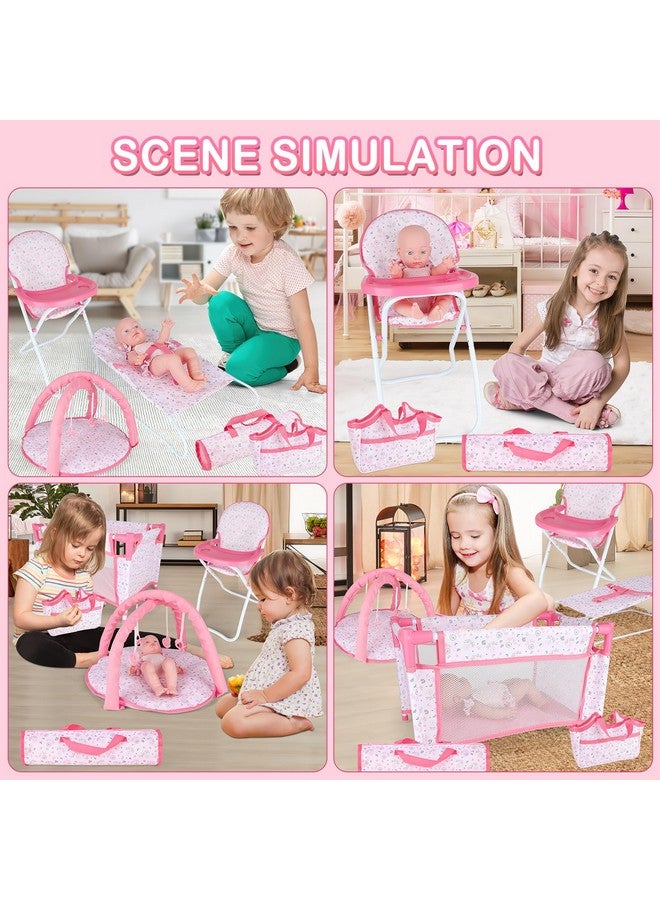 deAO Baby Doll Accessories Baby Doll Playset Doll High Chair Baby Doll Crib Bed Play Mat Storage Bag Handbag Wing - 6 in 1 Pink Dolls Playset with Furniture Toys for 12-14’’ Dolls - Image 2