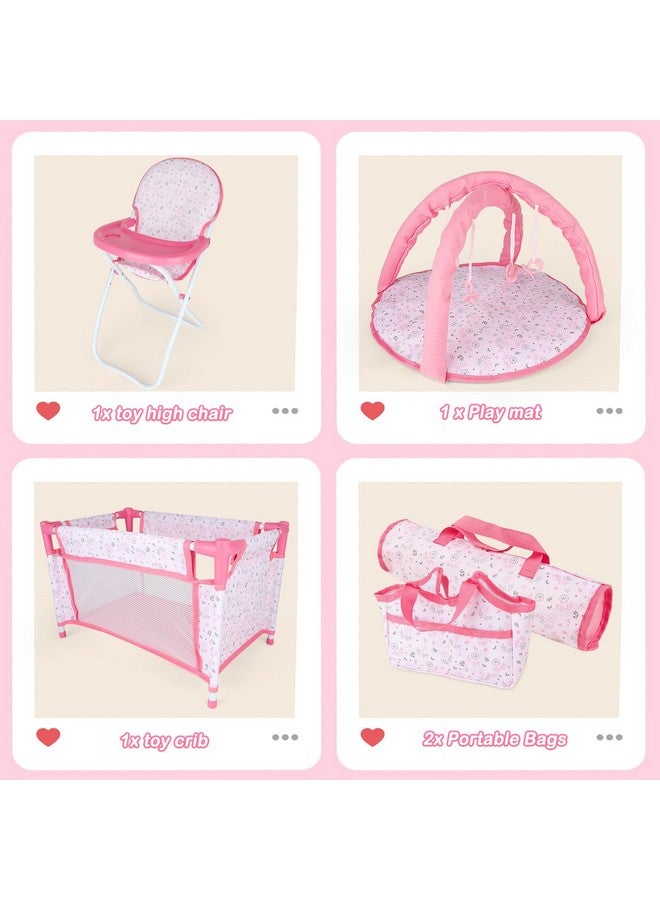deAO Baby Doll Accessories Baby Doll Playset Doll High Chair Baby Doll Crib Bed Play Mat Storage Bag Handbag Wing - 6 in 1 Pink Dolls Playset with Furniture Toys for 12-14’’ Dolls - Image 3