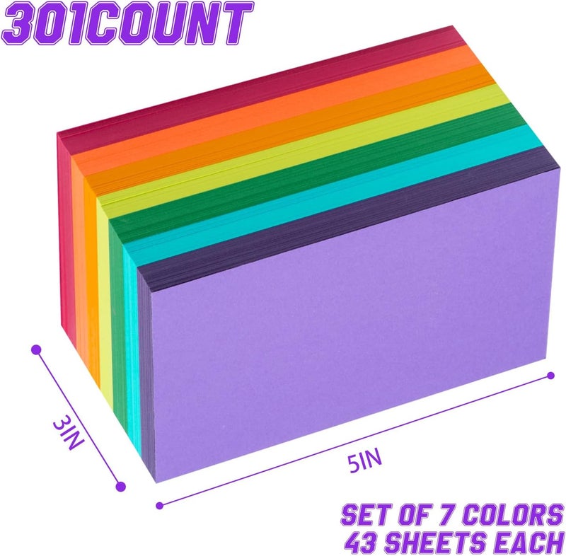 Magecubiku Index Cards 301-Count 3x5 Inch,178GSM Heavyweight Set of 7 Colors Paper Multicolor Study Cards (Rainbow) - Image 2