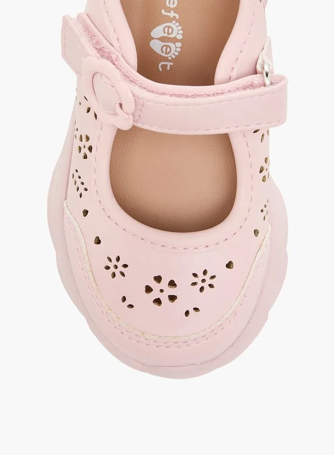 Barefeet Girls Laser Cut Detail Mary Jane Shoes with Hook and Loop Closure