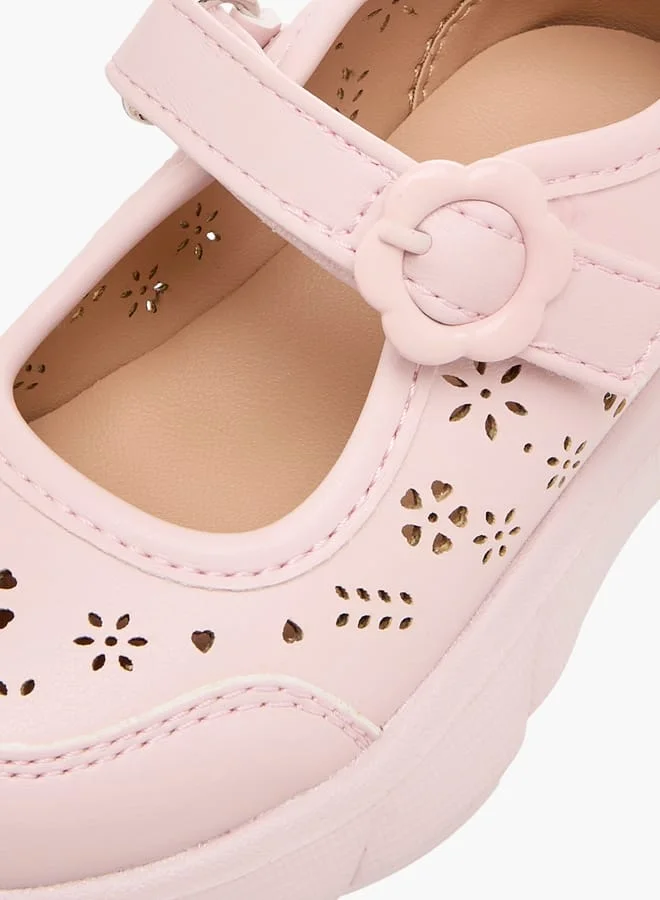 Barefeet Girls Laser Cut Detail Mary Jane Shoes with Hook and Loop Closure