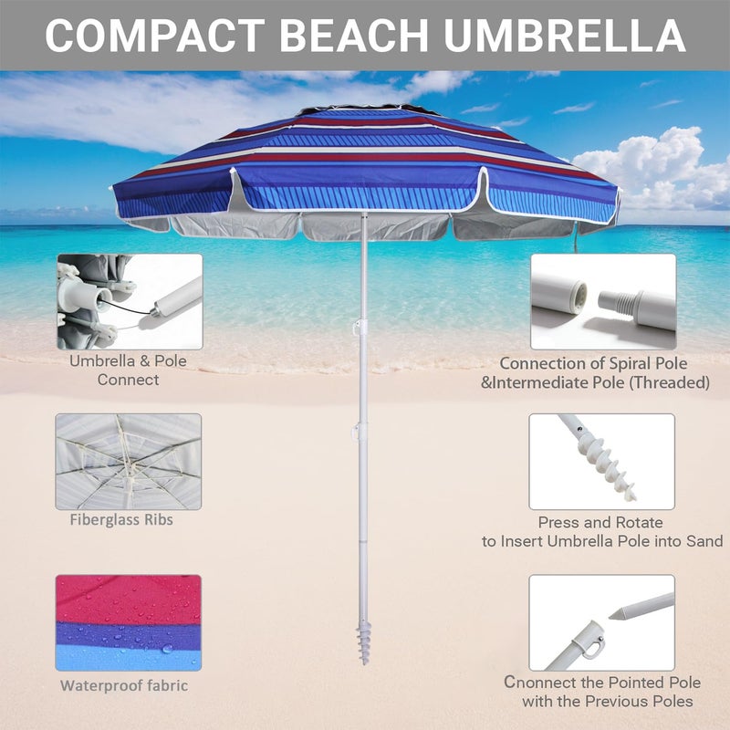 LOTTAFUN 6ft Beach Umbrella - Heavy Duty Wind Resistant UV 50+ Portable Sun Shade with Sand Anchor & Carry Bag, Outdoor Folding Umbrella for Beach, Pool, Patio, Garden (Blue color strip) - Image 2