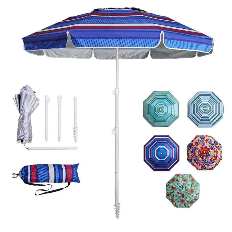 LOTTAFUN 6ft Beach Umbrella - Heavy Duty Wind Resistant UV 50+ Portable Sun Shade with Sand Anchor & Carry Bag, Outdoor Folding Umbrella for Beach, Pool, Patio, Garden (Blue color strip) - Image 1