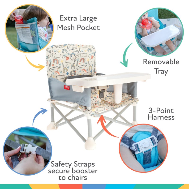 Nuby Pop-Up Booster Seat with Removable Tray - 6+ Months - Portable Booster Seat for Floor for Indoor/Outdoor Use - 3-Point Safety Adjustable Straps - Summer Travel Essentials - Safari - Image 2