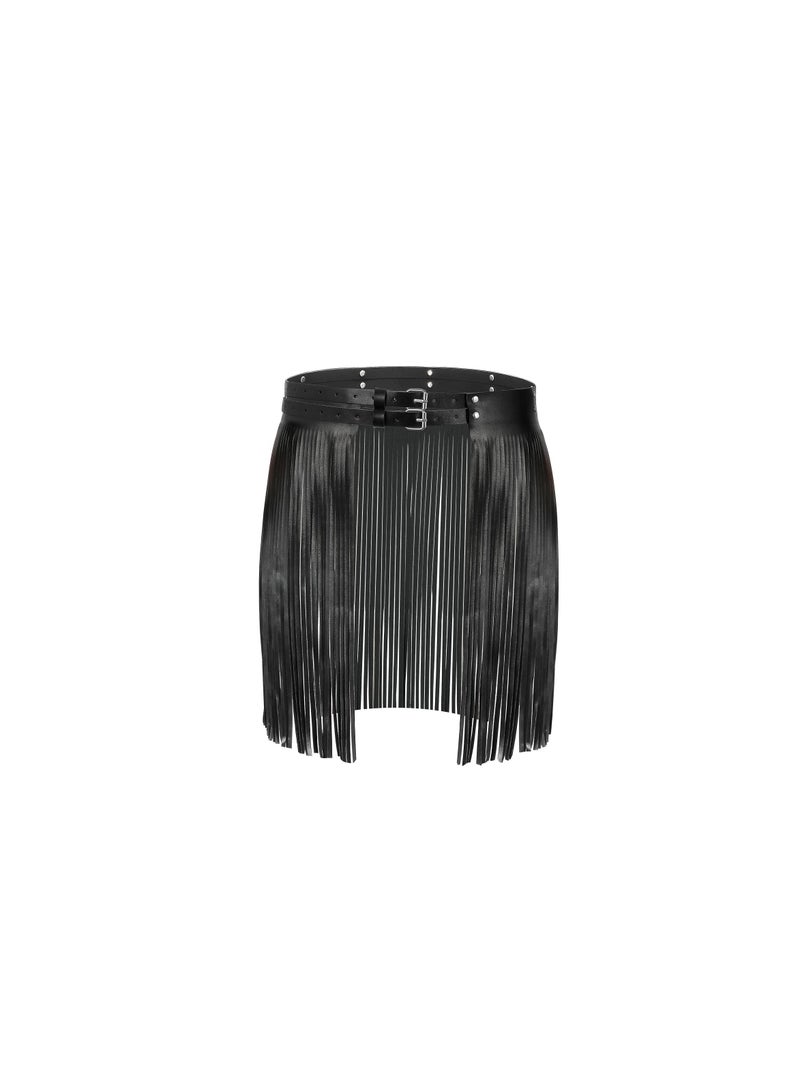 SOLARAE Wide Tassel Fringe Belt for Women, Black PU Leather Gypsy Style Wrap Belt, Retro Faux Leather Casual Waist Belt, Perfect for Fashionable Outfits and Everyday Wear. - Image 1