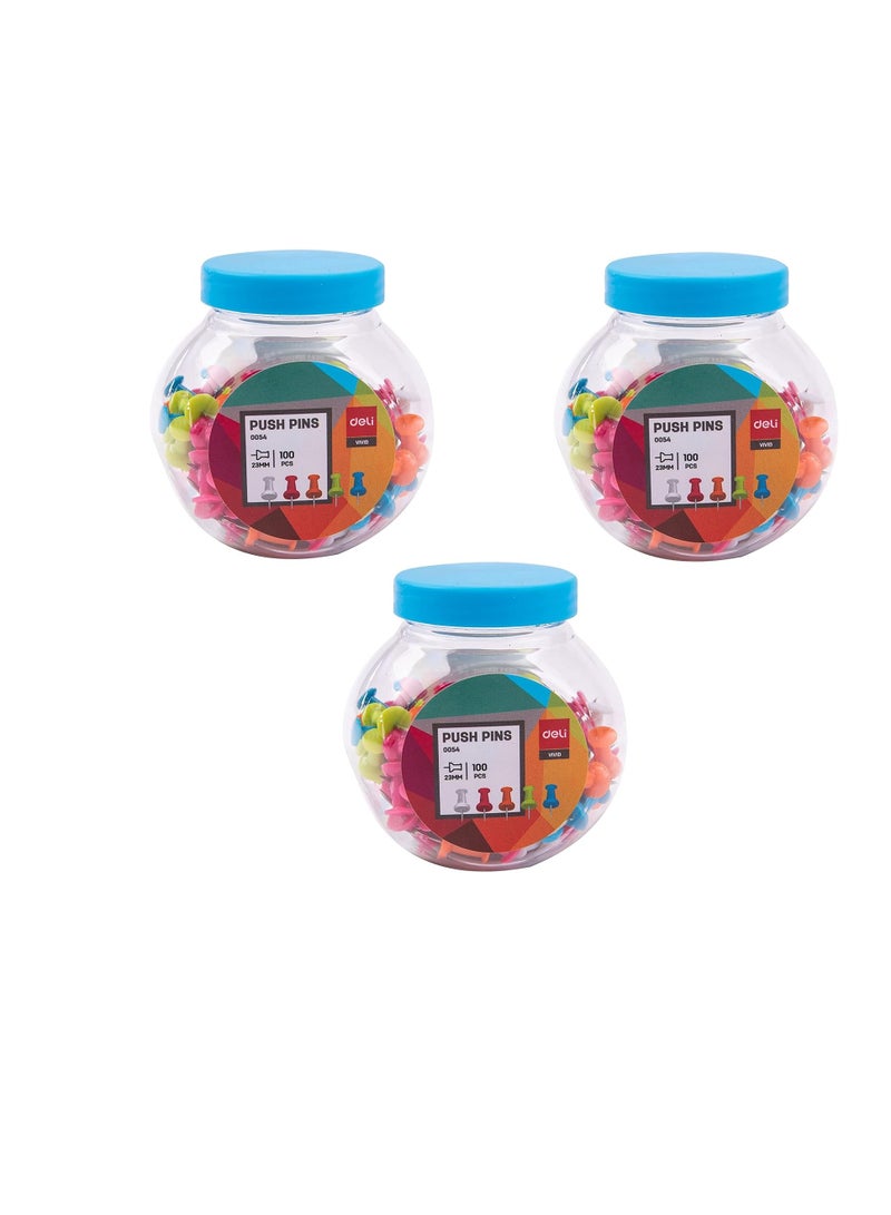 Deli W0054 Color Push Pins, Multicolor (Pink, Orange, Blue, Lime, White), 100/Box, Pack of 3, Steel Pins (Set of 3, Multicolor) - Image 1