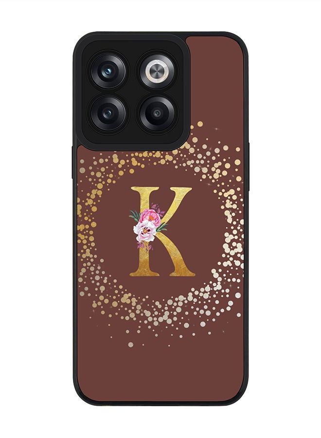 Stylizedd حافظة حواف سوداء متينة لهاتف OnePlus 10T - غلاف مرن من مطاط TPU بتصميم رقيق - حرف مونوغرام مخصص بنمط زهور - K (بني) - Image 1