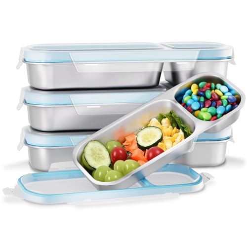 Bakpoco Stainless Steel Snack Containers, 4 Pack 2 Compartment Metal Snack Lunch Box Containers with Lid, Reusable Food Storage Container, Leak Proof, Grab and Go - Image 1