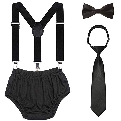 Kajeer Baby Boys 1st/2nd Birthday Cake Smash Outfit Set Adjustable Suspenders Ties Bloomers for Birthday Photography(Black) - Image 1
