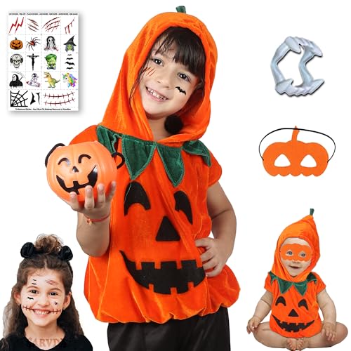 Sarvda Velvet Pumpkin Dress for Kids | Halloween Costume for Boys and Girls | Candy Basket, Mask, Cap, Teeth, Fun Tattoo | For 4 to 5 Year Kids, Orange - Image 1