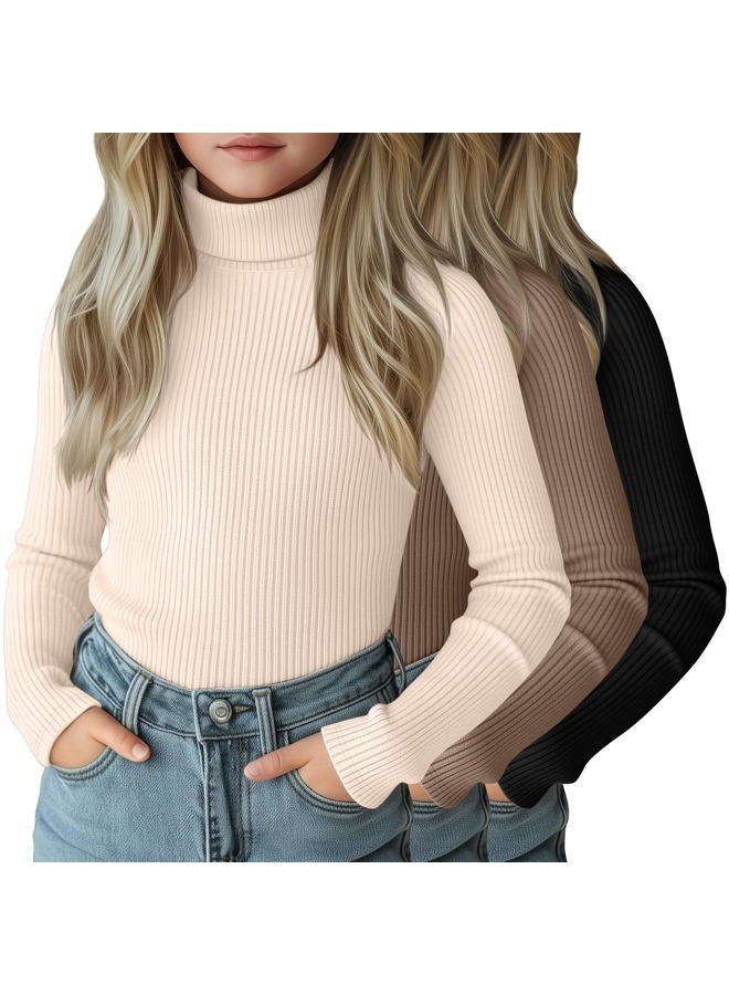 LessonZoo 3 Pack Girls Turtleneck Long Sleeve Shirts Ribbed Knit Cotton Layer Tops Slim Fit Casual Undershirts 5-14 Years, Black, Mocha, Cream, 11-12 Years - Image 1