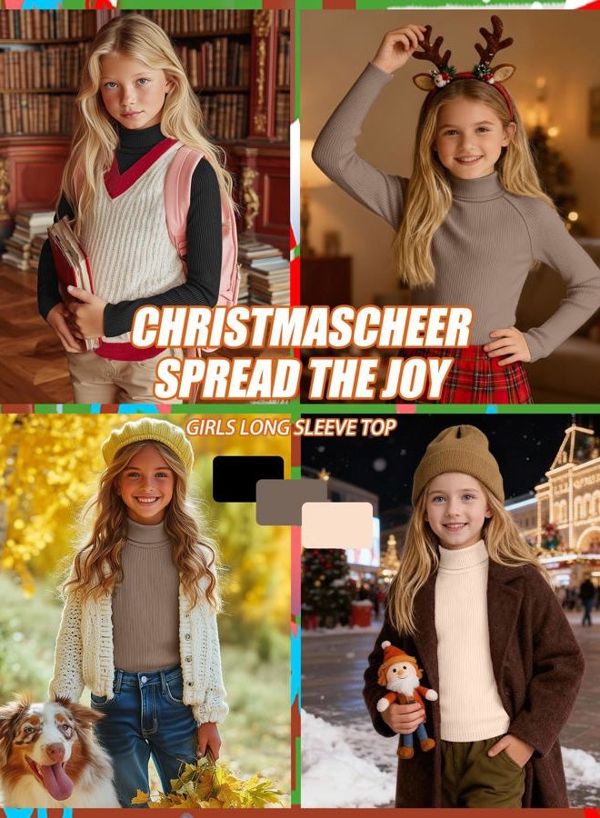 LessonZoo 3 Pack Girls Turtleneck Long Sleeve Shirts Ribbed Knit Cotton Layer Tops Slim Fit Casual Undershirts 5-14 Years, Black, Mocha, Cream, 11-12 Years - Image 2